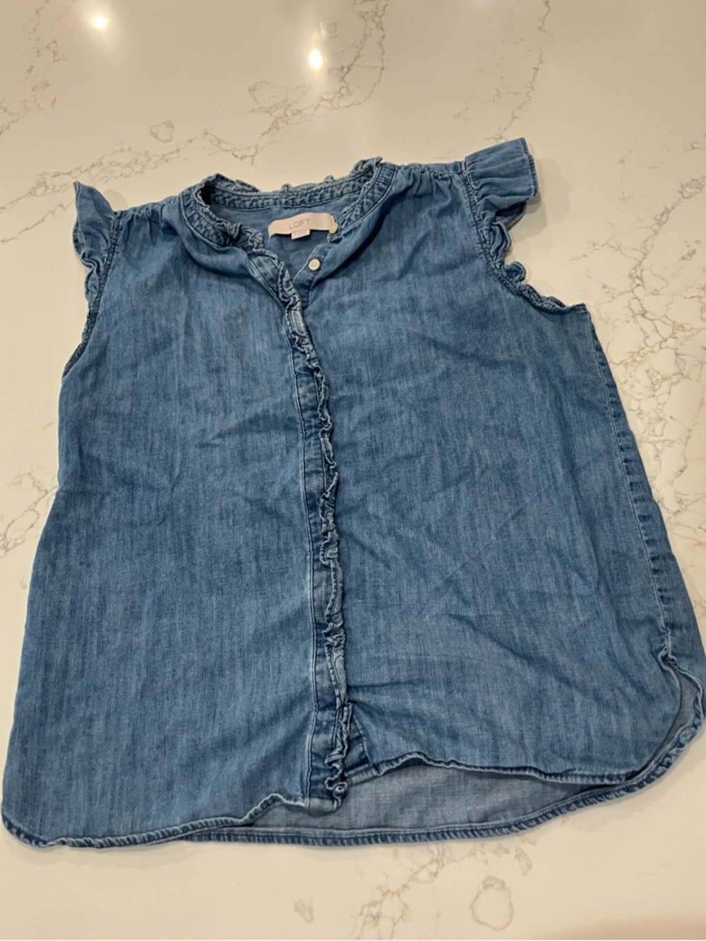 LOFT Ruffled Chambray Button-Down Top in Blue